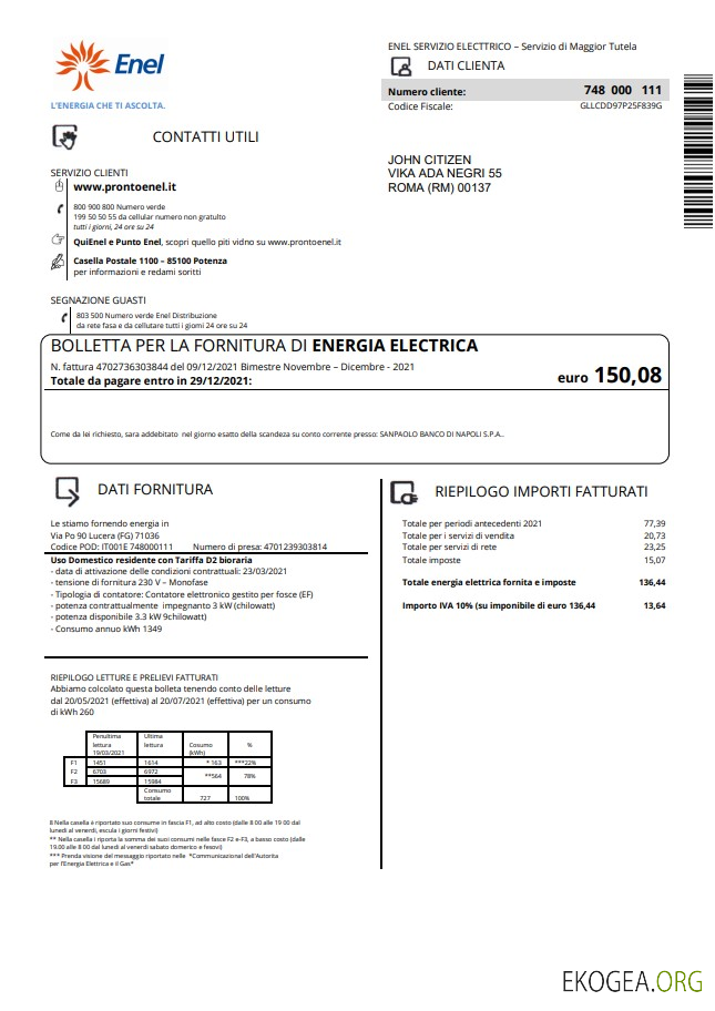 Italy Enel electricity utility bill template in Word and PDF format
